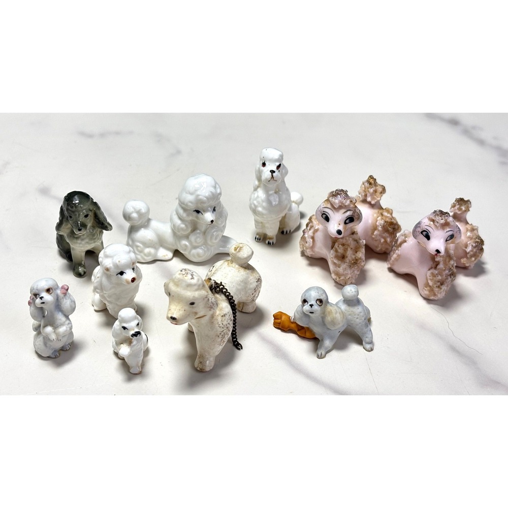 Vintage Miniature Poodle Figurine Lot 10pc Spaghetti Bone China Pink White Grey